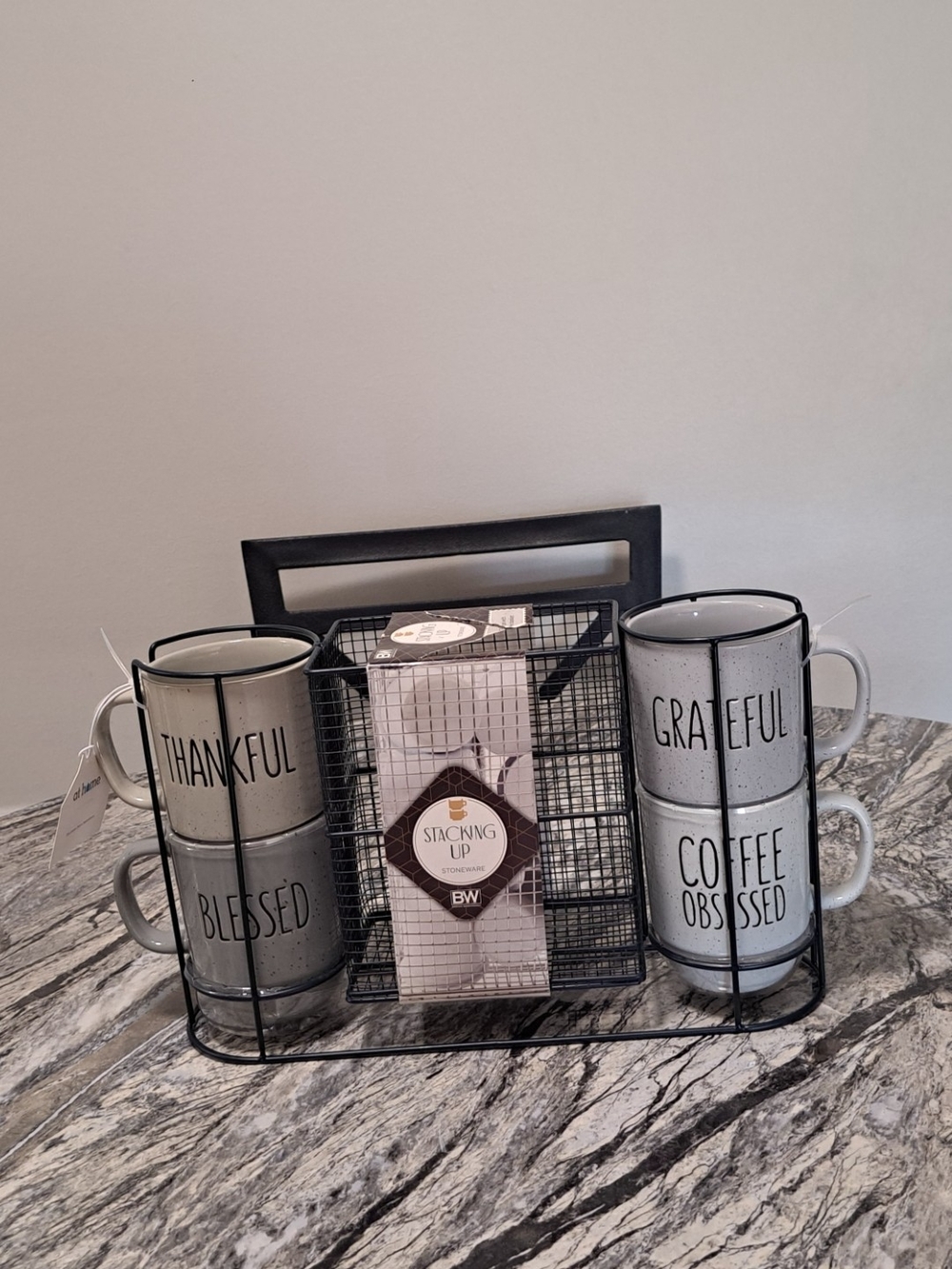 Stacking Ceramic Coffee Mug Set with Metal Carrier